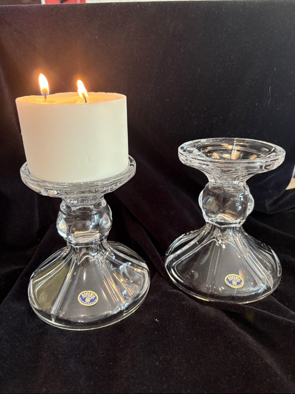 Bohemia Czech Republic Clear Crystal Pillar Candle Holders - Clear